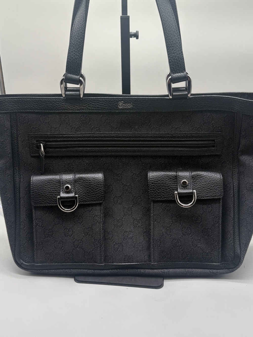 Gucci Large GG Canvas Travel Tote Black Leather Shoulder Bag 201482